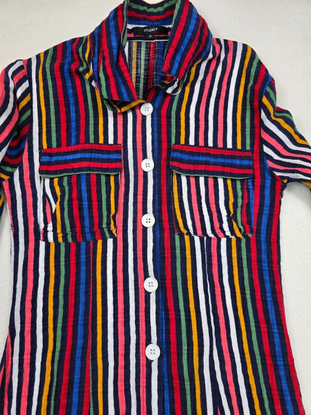 Studio F XS Multicolor Striped Button-Down Long-Sleeve Shirt Dress With Pockets - Picture 6 of 6